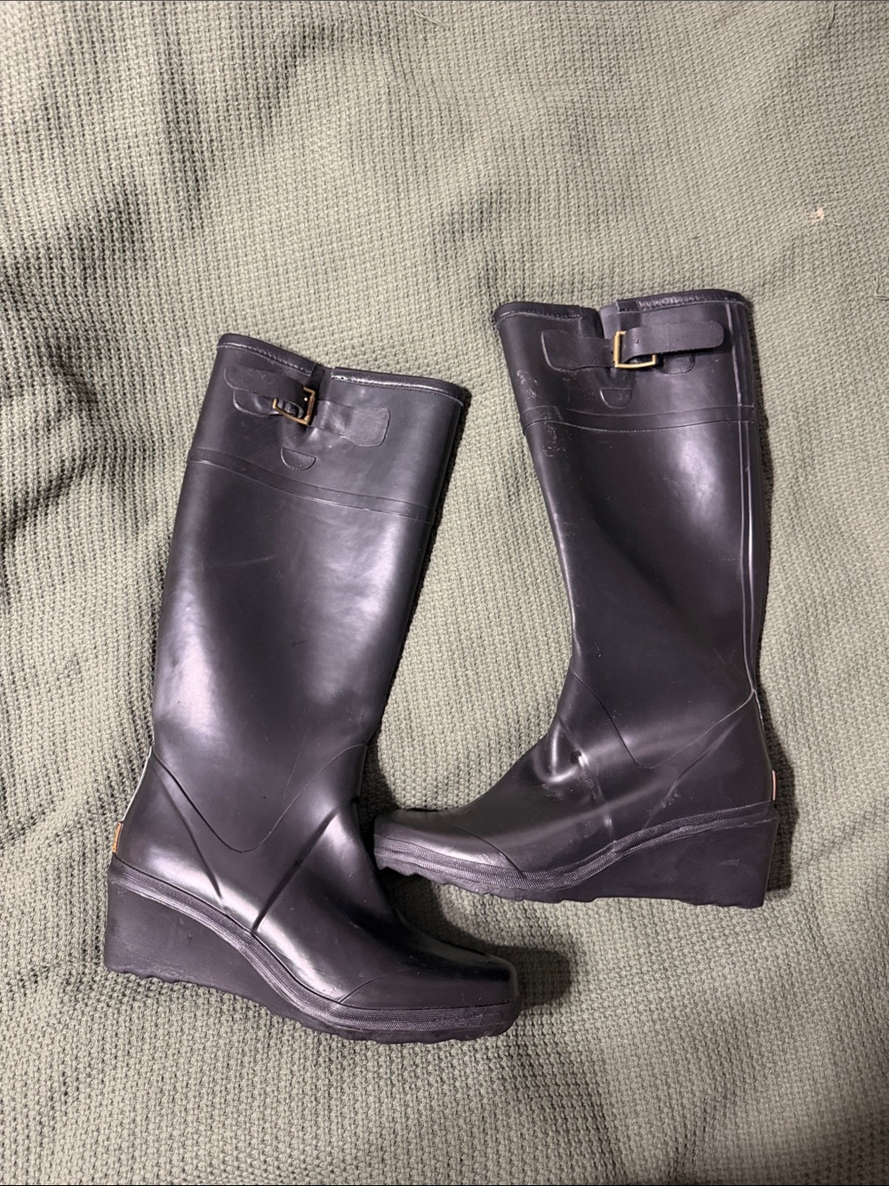 Michael Kors Black Wedge Rain Boots with Buckle Accent
